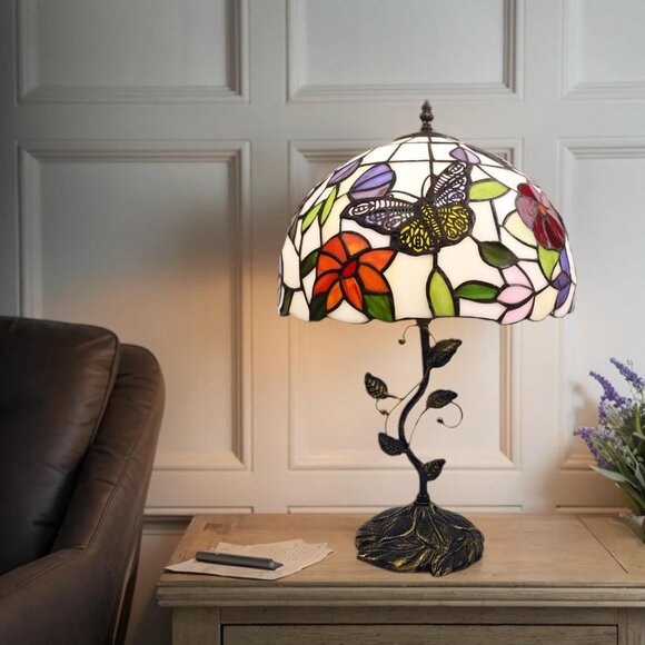 NEW! Table Lamp, 12" Butterfly Flower Handmade Stained Glass Lamp Shade - Picture 1 of 5